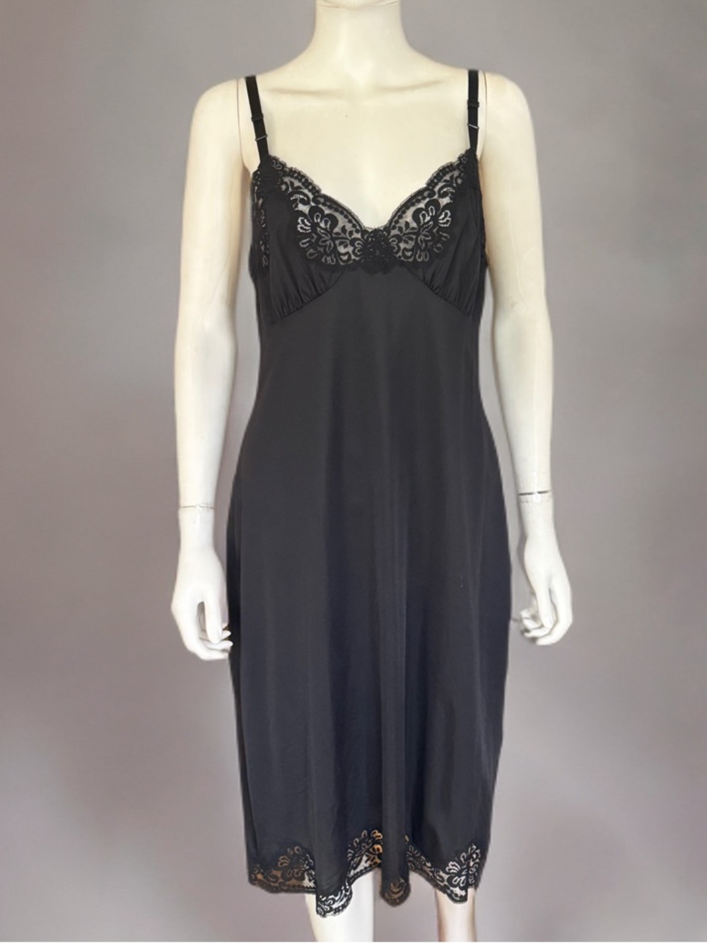 1970s Shadowline Lace-Trim Black Slip Chemise